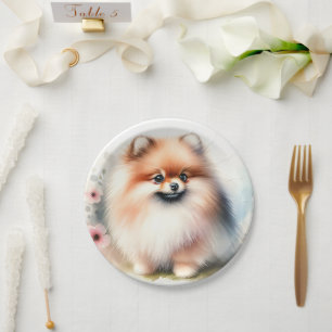 Prato De Papel Ilustração de aquarela da Pomerânia Cuta