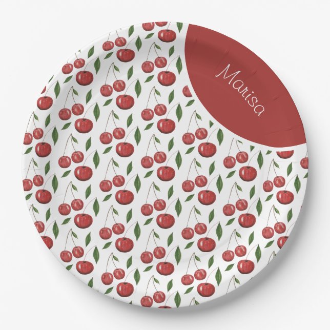 Prato De Papel Ilustração de Aquarela de Cerejas Doce (Frente)