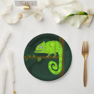 Prato De Papel Ilustração de Camaleão Verde Fofo Réptil Tropical