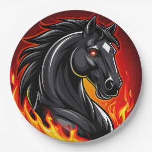 Prato De Papel Ilustração de Cavalo Preto Ardente com Olhos Brilh