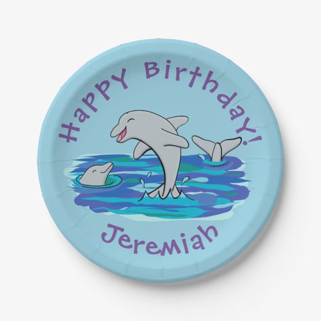 Prato De Papel Ilustração de desenho animado de golfinhos alegres (Frente)