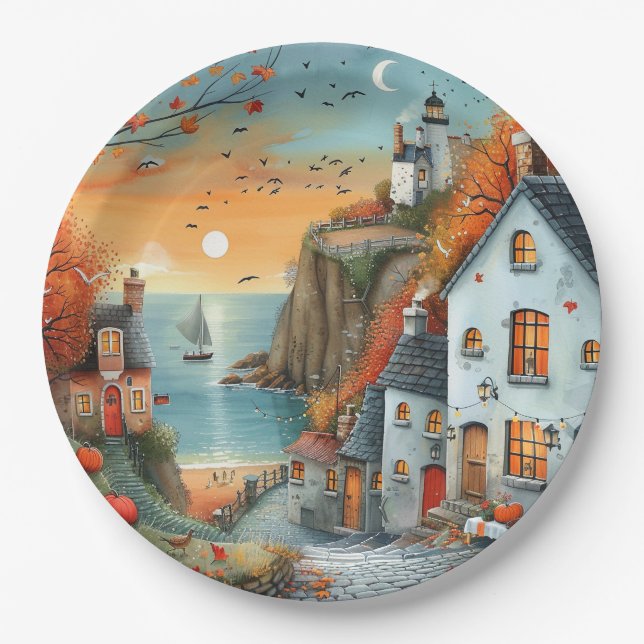 Prato De Papel Ilustração de Farol de outono Whimsical (Frente)
