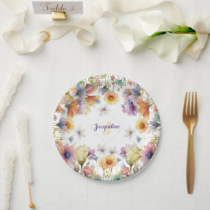 Prato De Papel Ilustração de Flor Selvagem Colorida com Monograma