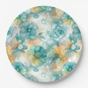 Prato De Papel Ilustração de Flores Azul-Verde e Amarelo com Tint