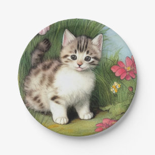 Prato De Papel Ilustração de Gato Vintage com Flores Vermelhas
