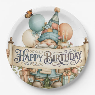 Prato De Papel Ilustração de Gnome de Aniversário com Balões