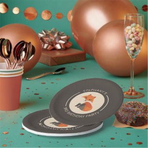 Prato De Papel Ilustração de raposa bebê vermelha fofa com monogr