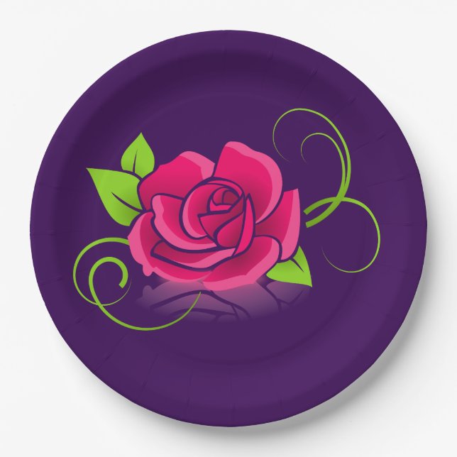 Prato De Papel Ilustração de Rosa Rosa (Frente)
