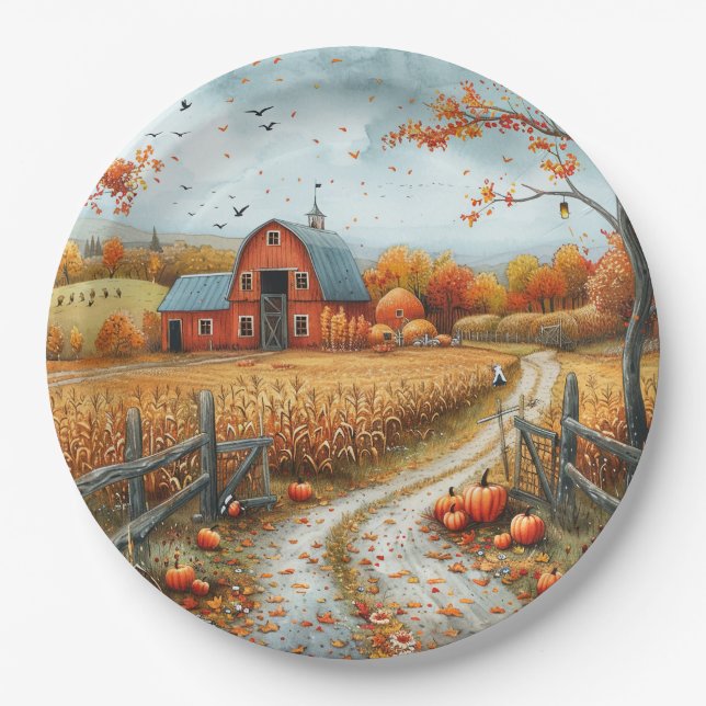 Prato De Papel Ilustração do outono da Rustic Red Barn (Frente)
