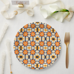 Prato De Papel Ilustração Floral Retro Ousada em Laranja
