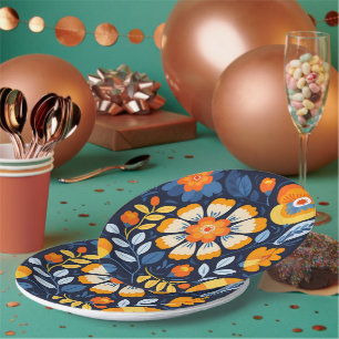 Prato De Papel Ilustração Floral Retro Ousada em Laranja e Azul