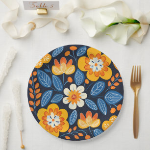 Prato De Papel Ilustração Floral Retro Ousada em Laranja e Azul