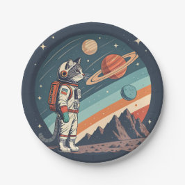 Prato De Papel Ilustração Retro de Gato Astronauta Espaço Cósmico