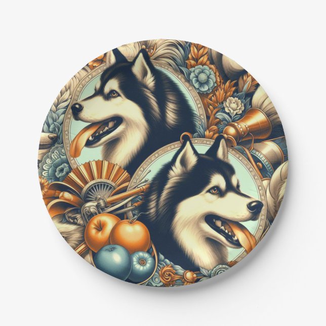Prato De Papel Ilustração Retro Siberian Husky (Frente)