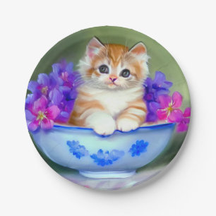 Prato De Papel Ilustração Vintage Laranja e White Kitten