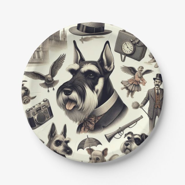 Prato De Papel Ilustração Vintage Schnauzer (Frente)