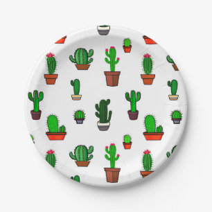 Prato De Papel Ilustrações de Cactus Fofo Padrão Branco