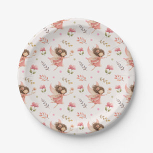 Prato De Papel Ilustrações de Fadas e Flores Rosa Pastel Floral