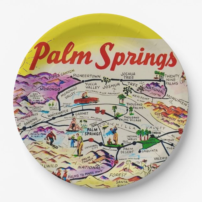 Prato De Papel Ilustrado Retro Palm Springs (Frente)