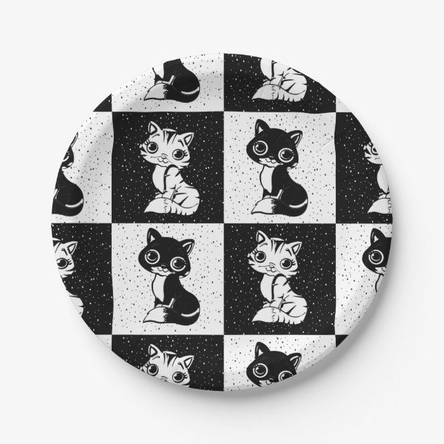 Prato De Papel Impressão de Bloco de Monograma Branco Preto (Frente)