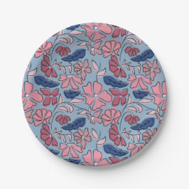 Prato De Papel Impressão de Bloco Floral Desenhado à Mão Rosa e A