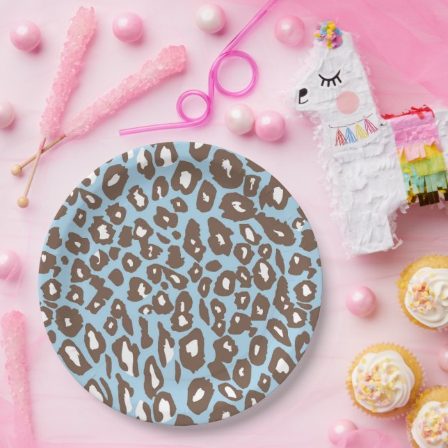 Prato De Papel Impressão de Leopardo Azul e Branco (Festa)