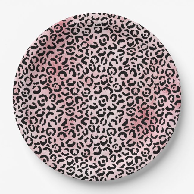 Prato De Papel Impressão de Leopardo Preto Rosa (Frente)