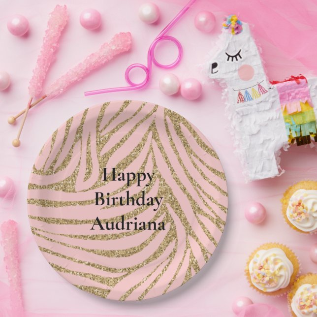 Prato De Papel Impressão de Zebra Cinza Dourada Rosa (Festa)