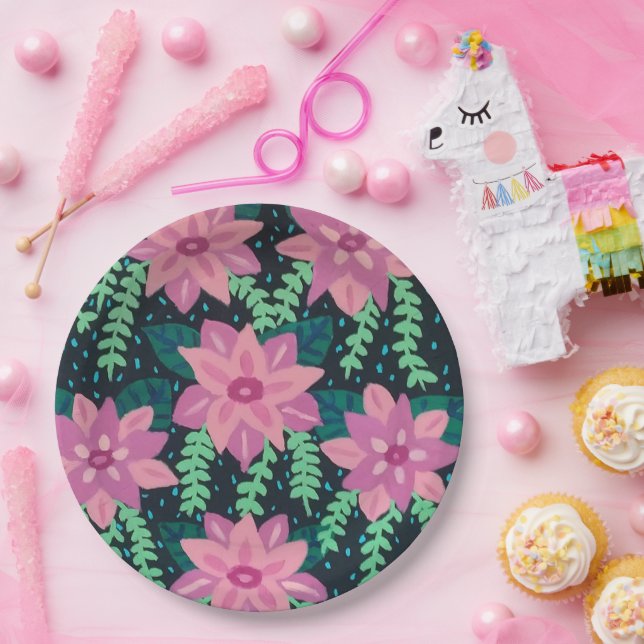 Prato De Papel Impressão Floral Abstrato, rosa e verde (Festa)