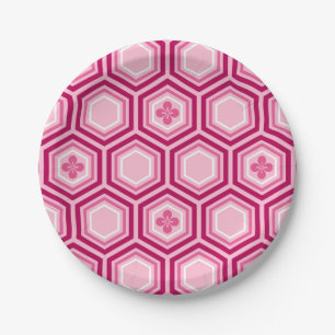 Prato De Papel Impressão Hexagonal Kimono, Borgonha e Rosa
