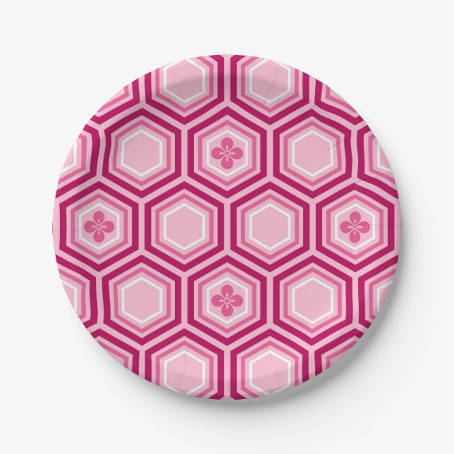 Prato De Papel Impressão Hexagonal Kimono, Borgonha e Rosa (Frente)