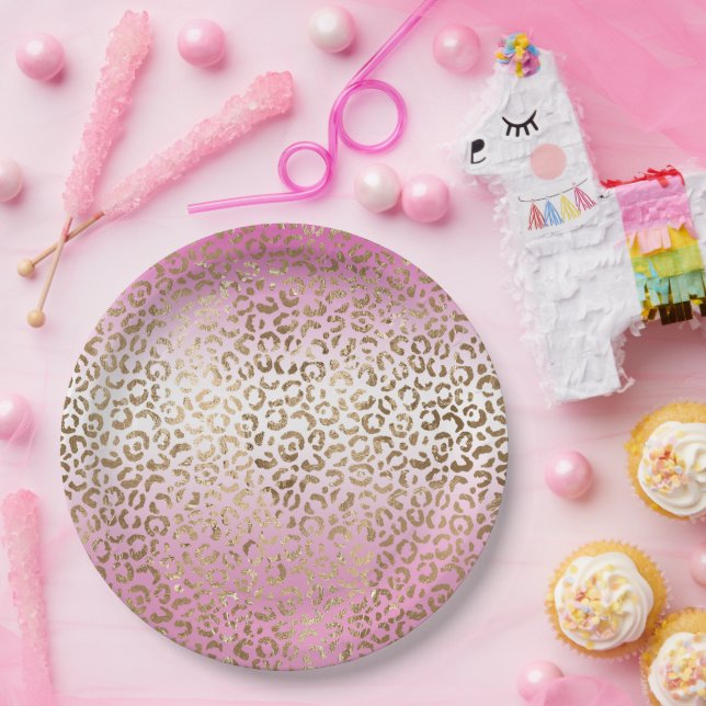 Prato De Papel Impressão Leopardo Dourada de Ombro Rosa (Festa)