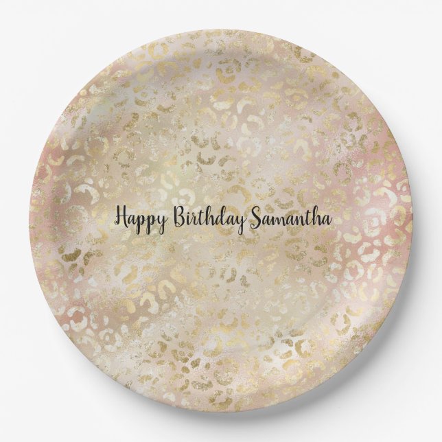 Prato De Papel Impressão Leopardo Rosa-Rosa Dourada (Frente)