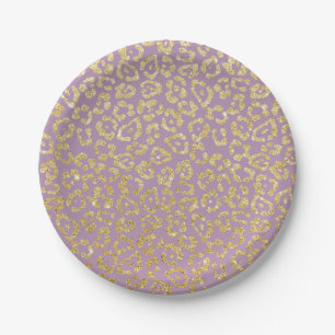Prato De Papel Impressão Leopardo Roxo Elegante e Dourado