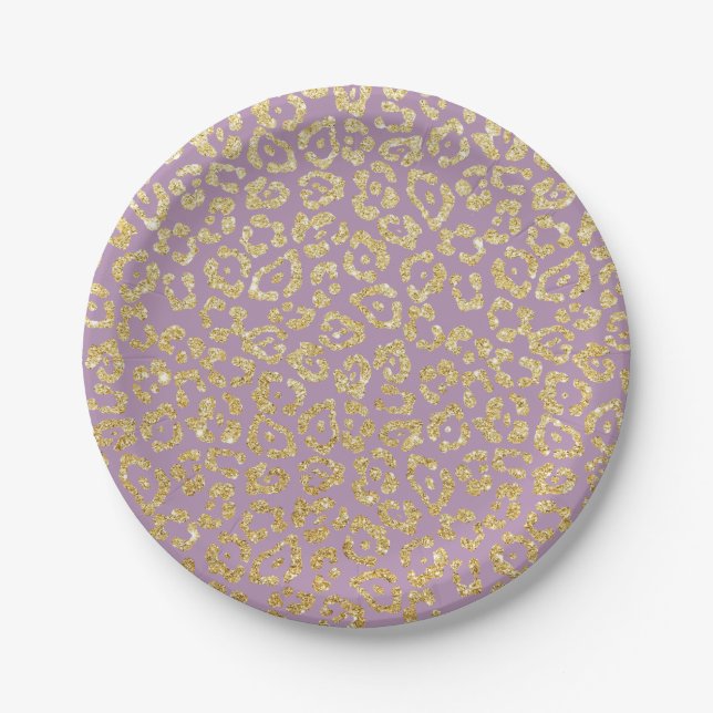 Prato De Papel Impressão Leopardo Roxo Elegante e Dourado (Frente)