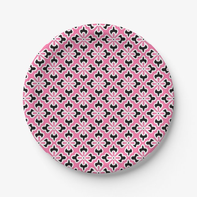 Prato De Papel Impressão quimono, cor-de-rosa, preto e branco (Frente)