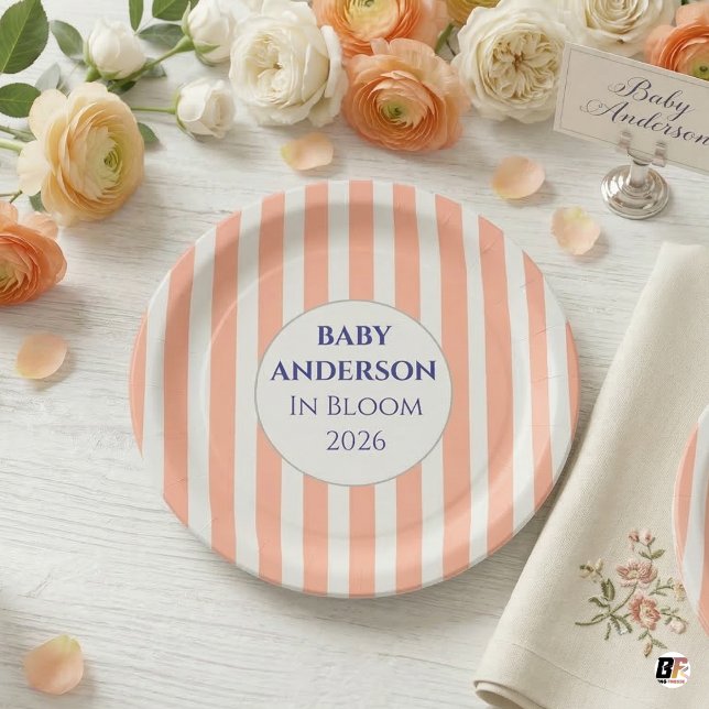 Prato De Papel In Bloom Coral Stripe Baby Shower Personalized (Criador carregado)