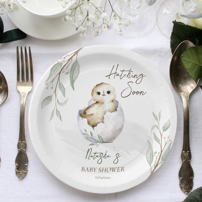 Prato De Papel Incêndio em breve primavera chá de fraldas de páss (Hatching soon little bird spring baby shower template paper plates personalized tableware baby owl)