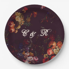 Prato De Papel Iniciais de Nome Floral da Moody Burgundy Escuro