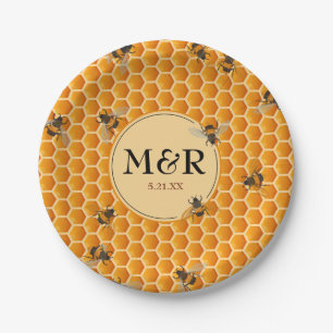 Prato De Papel Iniciais Monogramas Abelhas Honeycomb Douradas