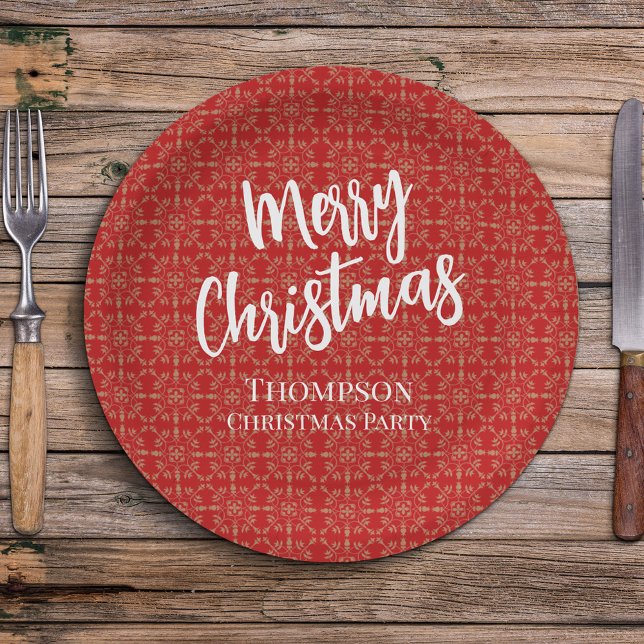 Prato De Papel Inverno Elegante Simples do Natal Vermelho (Christmas holiday custom paper plate with white text typography. )