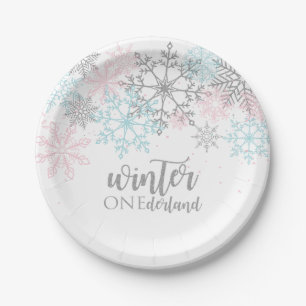 Prato De Papel Inverno Onederland Brilho rosa azul prata