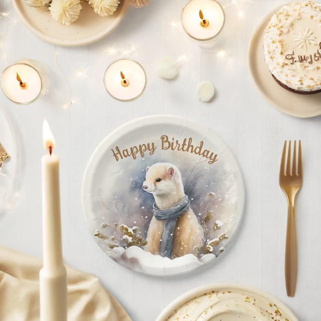 Prato De Papel Inverno Víbos Aquarela Ermine - Festa de aniversár (Criador carregado)