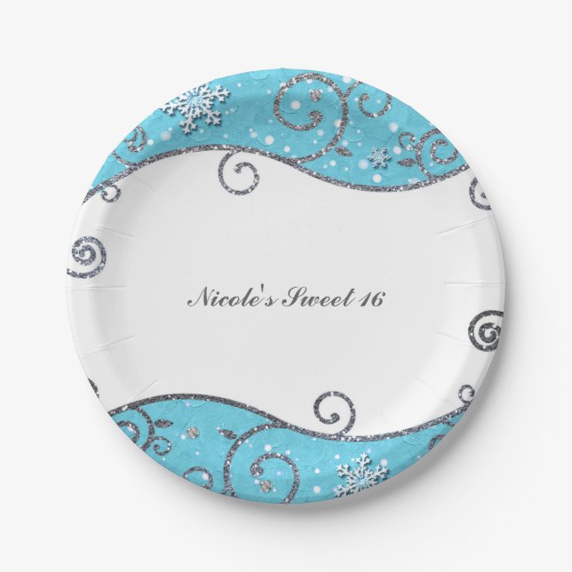 Prato De Papel Inverno Wonderland Bright Blue & Silver Swirls (Frente)
