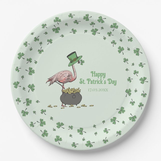 Prato De Papel Irish Shamrock Flamingo St. Patrick’s Day Party (Frente)