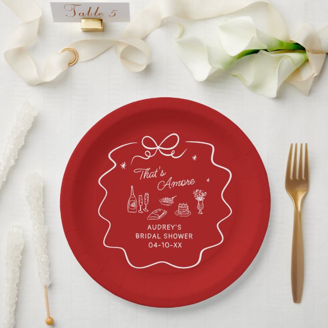 Prato De Papel Isso é Amore, Doodle Branco Personalizado Vermelho (Casamento)