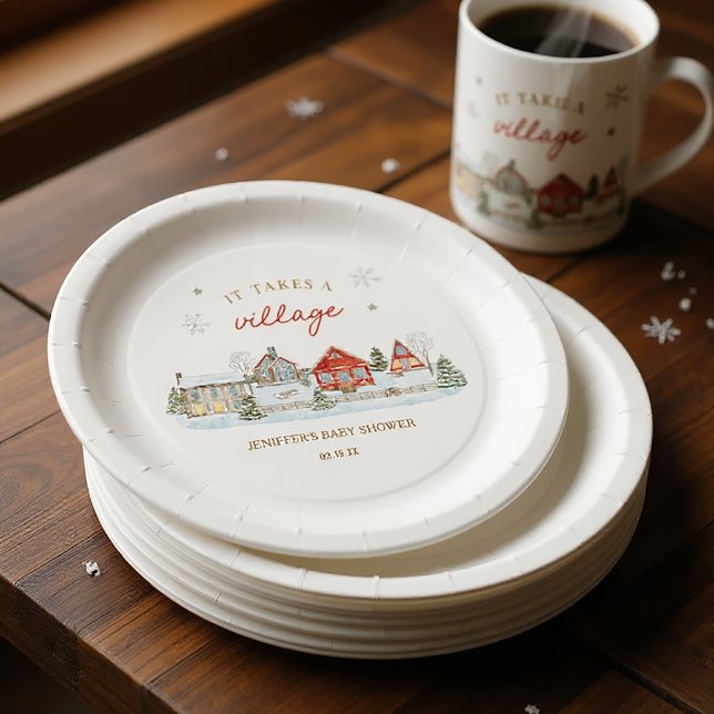 Prato De Papel It Takes a Village Snowy Winter Baby Shower (Criador carregado)