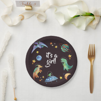 Prato De Papel It's a Girl Space Dinosaur Galaxy Baby Shower