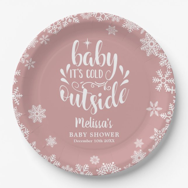Prato De Papel It's Cold Outside Pink Girl Winter Baby Shower (Frente)