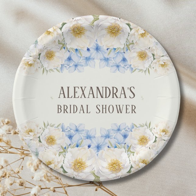 Prato De Papel Ivory Floral Blue Hydrangea Garden Bridal Shower (Criador carregado)